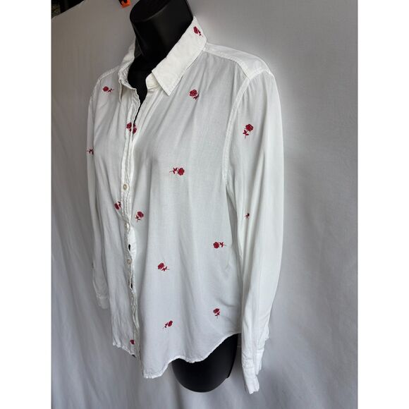 Jane + Delancey White Button Down Embroidered Rose Flower Size L Basics Work - Picture 3 of 10